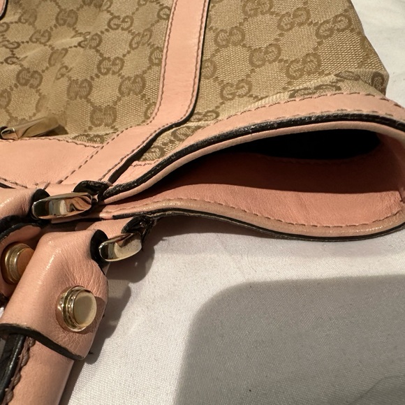 š„³HPš„³ Gucci GG pink bubble gum and tan canvas small leather trim tote bag - Picture 9 of 16